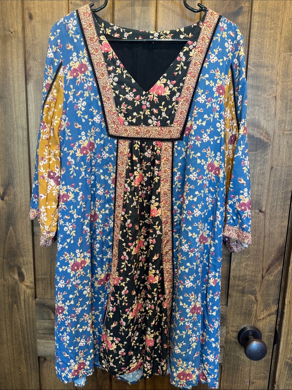 Sundance Floral Patchwork Tunic Dress in Blue, Black & Mustard
